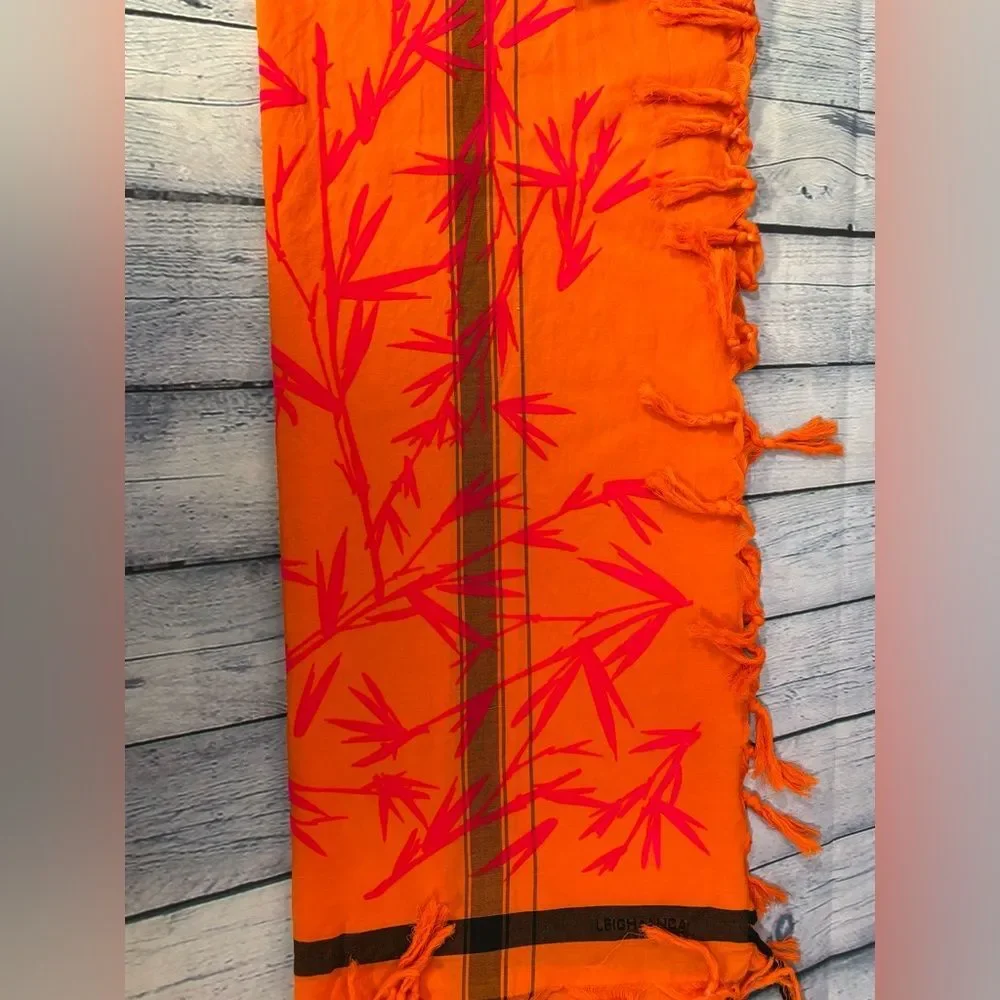 NWT Leigh & Luca Orange Pink Flocked Fine Cotton Hand Printed Tasseled Scarf